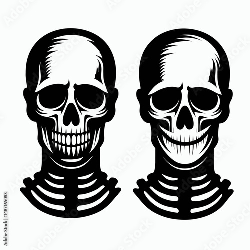 Skeleton wearing a creepy smile. Halloween Skull Bones Anatomy Skeletal Clipart Line Art Vector Illustration. Bony figure displaying sinister grin eerie visage macabre joyful expression.