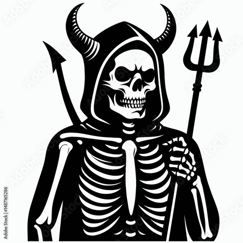 Skeleton wearing a devil costume. Halloween Skull Bones Anatomy Skeletal Clipart Line Art Vector Illustration. Bony humanoid in fiendish attire demon guise gothic spooky avatar.