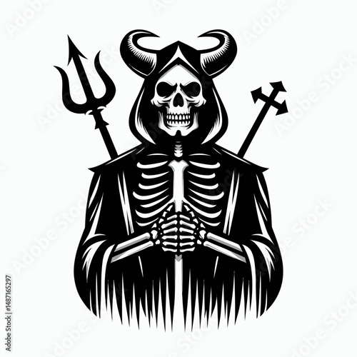 Skeleton wearing a devil costume. Halloween Skull Bones Anatomy Skeletal Clipart Line Art Vector Illustration. Bony fiend attire spook grim reaper fancy dress image.