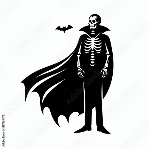 Skeleton wearing a Dracula cape. Halloween Skull Bones Anatomy Skeletal Clipart Line Art Vector Illustration. Bony undead donning vampire cloak spooky apparition attire.