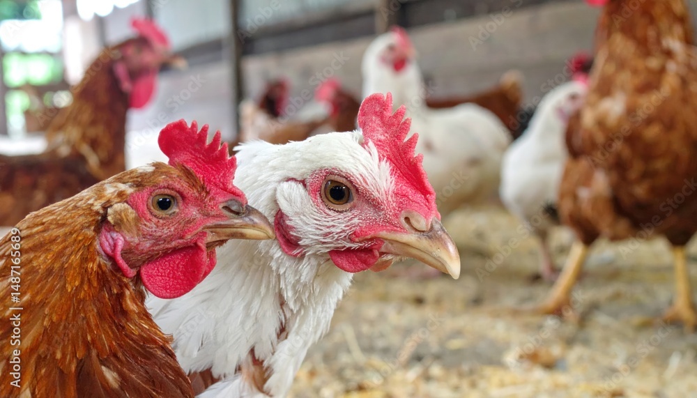 Fototapeta premium Close-up of chicken heads with detailed crests and feathers in a rustic barn setting