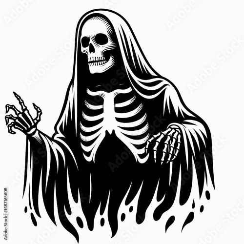 Skeleton wearing a ghost sheet. Halloween Skull Bones Anatomy Skeletal Clipart Line Art Vector Illustration. Bony figure in spectral covering phantom cloak for bone spooky apparition.