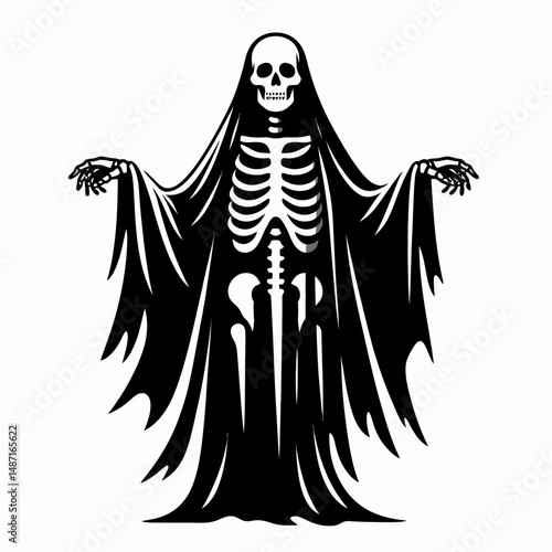 Skeleton wearing a ghost sheet. Halloween Skull Bones Anatomy Skeletal Clipart Line Art Vector Illustration. Bony figure donned in spectral cloth spooky apparition image.