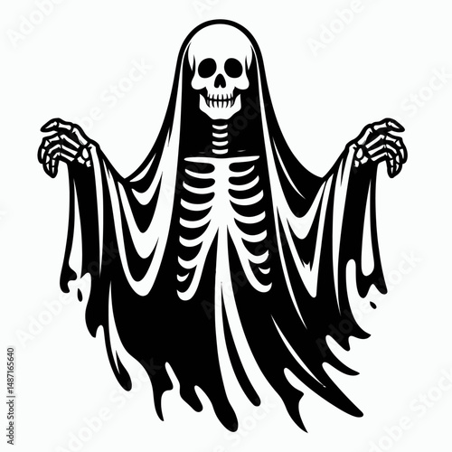 Skeleton wearing a ghost sheet. Halloween Skull Bones Anatomy Skeletal Clipart Line Art Vector Illustration. Bony figure donning spectral cloth phantom guise spooky costume.