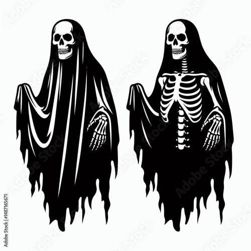 Skeleton wearing a ghost sheet. Halloween Skull Bones Anatomy Skeletal Clipart Line Art Vector Illustration. Bony figure in spectral drape spooky phantom guise for festive holiday.