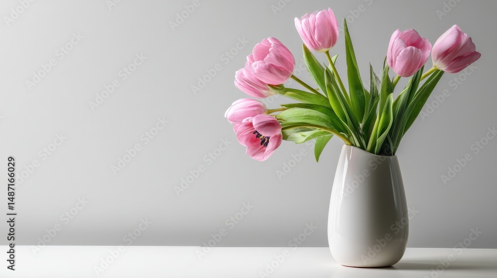 custom made wallpaper toronto digitalStylish and tranquil, pink tulip flowers arranged in a sleek ceramic vase, centered on a white table with open copy space.