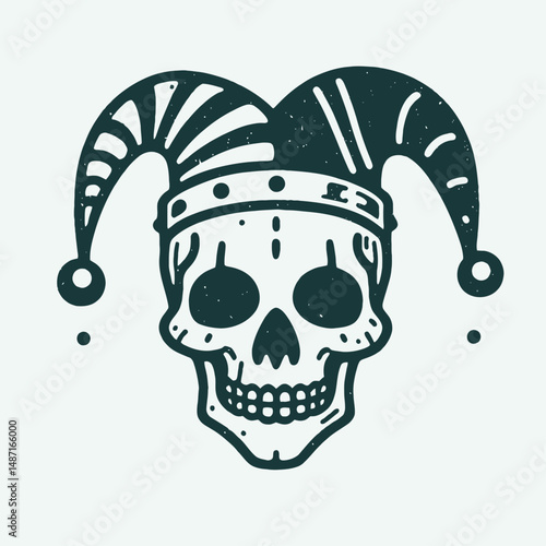 Skeleton wearing a jester hat. Halloween Skull Bones Anatomy Skeletal Clipart Line Art Vector Illustration. Bony figure in fool headgear whimsical death image humor motif mortal coil.