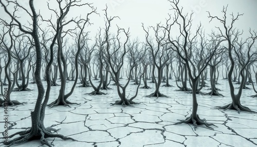 Barren trees on cracked earth: Arid landscape, ecological impact