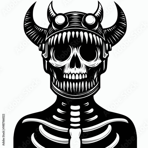 Skeleton wearing a monster mask. Halloween Skull Bones Anatomy Skeletal Clipart Line Art Vector Illustration. Bony figure in horrid disguise terrifying visage spooky apparition.