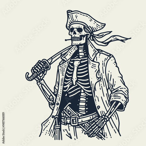 Skeleton wearing a pirate costume. Halloween Skull Bones Anatomy Skeletal Clipart Line Art Vector Illustration. Boney buccaneer in apparel undead seafarer at fancy-dress ball.
