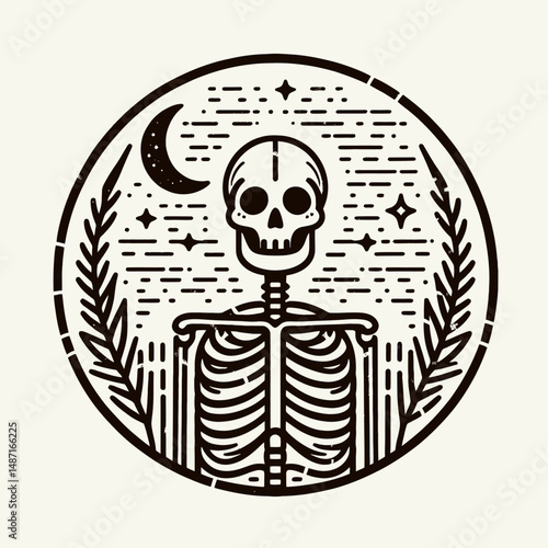 Skeleton wearing a costume. Halloween Skull Bones Anatomy Skeletal Clipart Line Art Vector Illustration. Bony human donned bone attire for disguise spooky concept image.