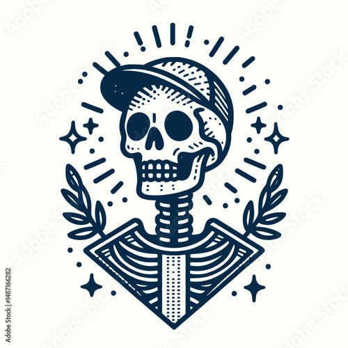 Skeleton wearing a costume. Halloween Skull Bones Anatomy Skeletal Clipart Line Art Vector Illustration. Bony form donning osseous attire macabre themed image for.