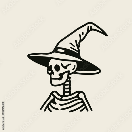 Skeleton wearing a witchs hat. Halloween Skull Bones Anatomy Skeletal Clipart Line Art Vector Illustration. Bony figure in sorceress headgear spooky autumn holiday costume decor.