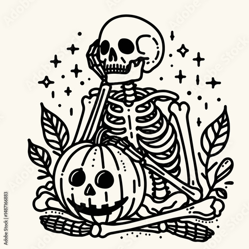 Skeleton with a pumpkin head. Halloween Skull Bones Anatomy Skeletal Clipart Line Art Vector Illustration. Bony figure sporting gourd cranium creepy visage for autumn celebration.