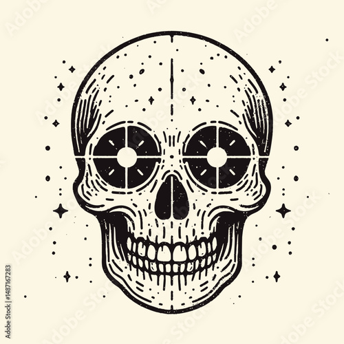 Skeleton with eerie glowing eyes. Halloween Skull Bones Anatomy Skeletal Clipart Line Art Vector Illustration. Spooky bony figure chilling radiant gaze for nightmare imagery.