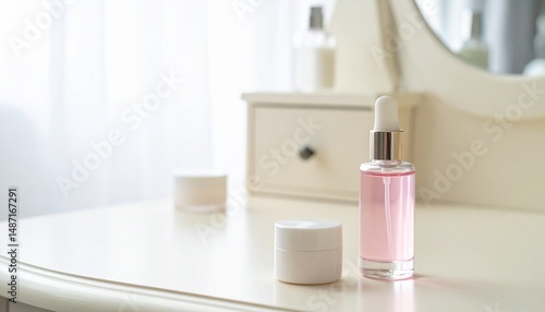 Pastel-colored mini perfume bottles and cream containers on a dressing table