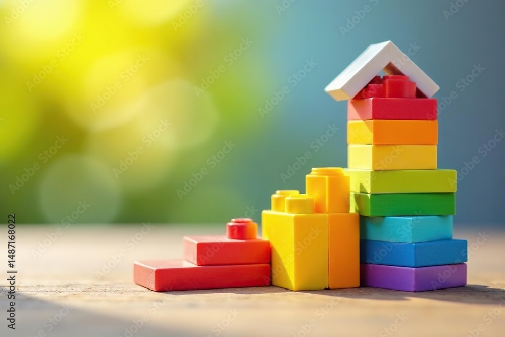Fototapeta premium Rainbow-colored blocks, building toys, sunny backdrop , learning, red