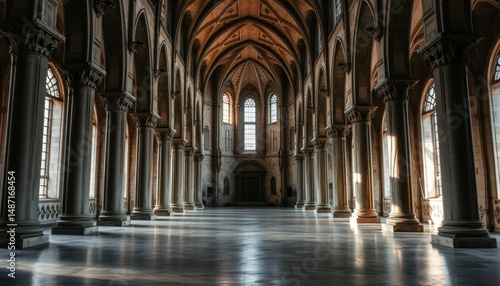 Grand gothic architecture, cathedral interior with vaulted ceilings, columns, arches