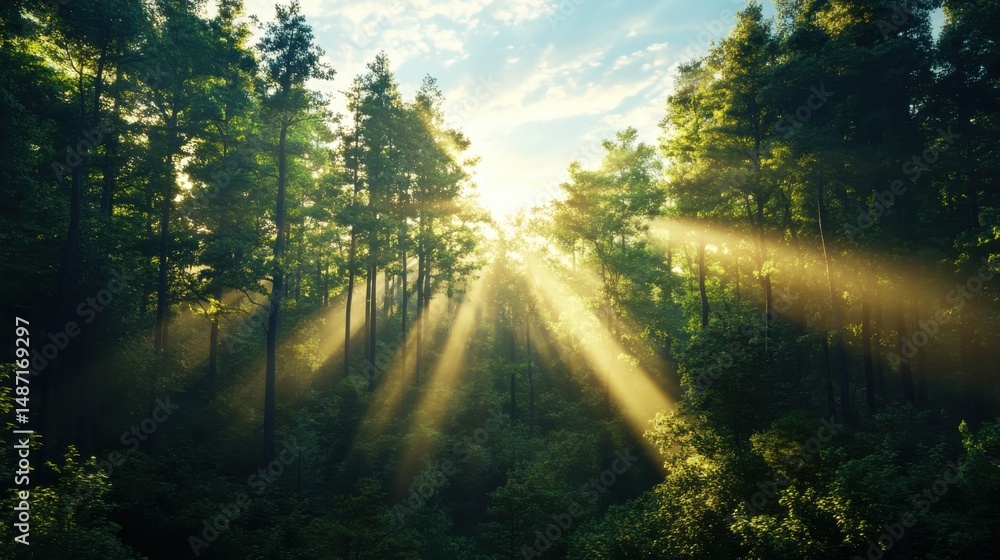 Obraz premium Sunlight streaming through trees in a lush forest nature photography serene landscape aerial view tranquility