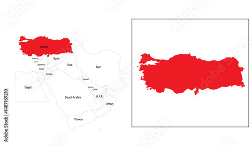 Detailed vector map of Turkey highlighted in vibrant red showcasing its geographic location in the Middle East, perfect for educational material and travel designs