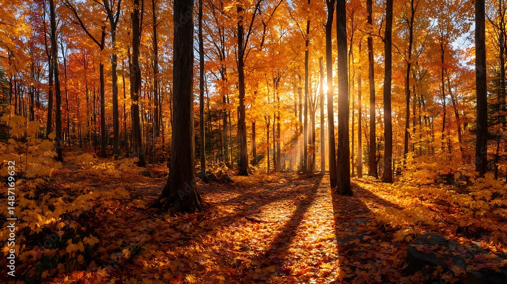 Obraz premium Autumn park with tall trees in background of a blue sky a sunny environment