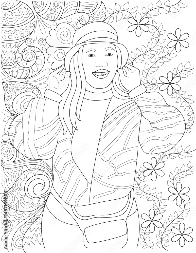 Woman in Hat and Jacket Coloring Page Illustration, Black and white line art illustration for coloring featuring a woman wearing a hat and jacket, set against an intricate background of abstract Woman in Hat and Jacket Coloring Page Illustration, Black and white line art illustration for coloring featuring a woman wearing a hat and jacket, set against an intricate background of abstract