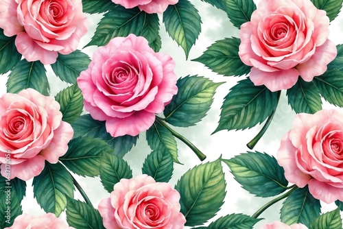 Delicate watercolor roses, lush green leaves, seamless repeat , style, print