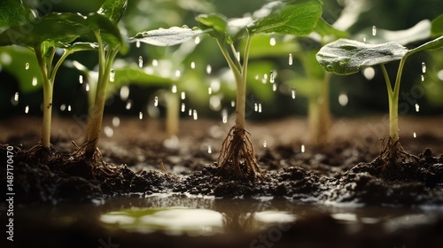 New Life Sprouting: A Breathtaking Close-Up of Young Plants Thriving Under a Gentle Rain