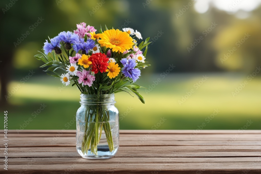 custom made wallpaper toronto digitalAssorted wildflowers in a glass jar on a wooden table with a blurred green background