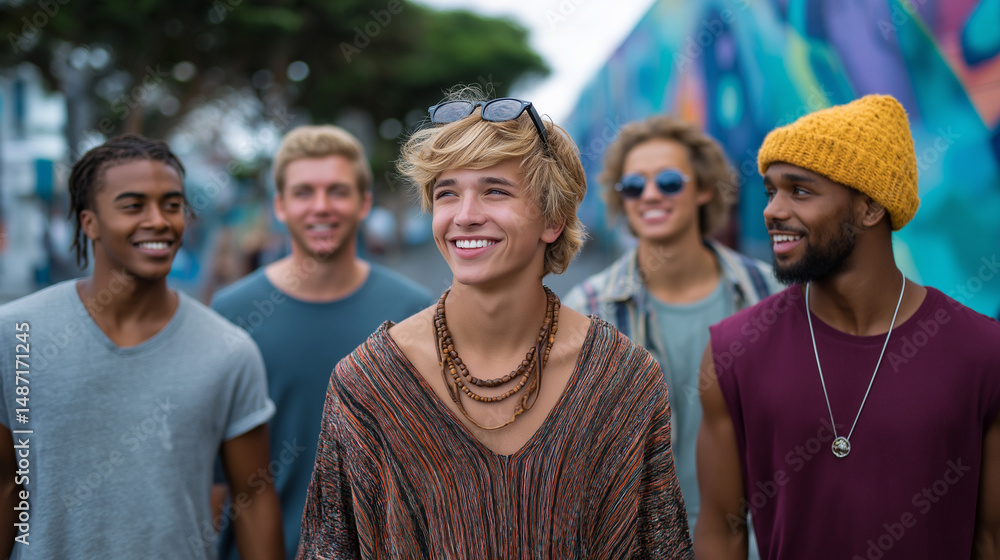 Five friends enjoying colorful street art together Five friends enjoying colorful street art together