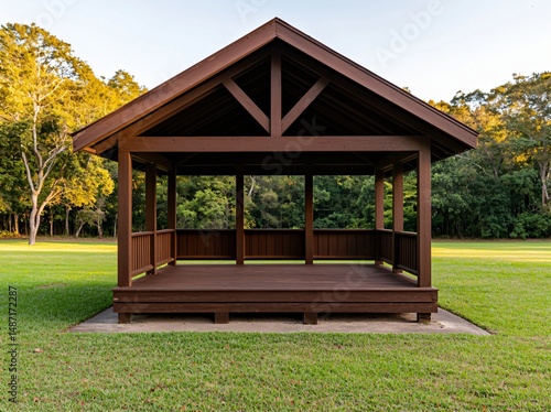 Open air Wooden Gazebo in a Lush Green Park Setting Perfect for Events or Relaxation
