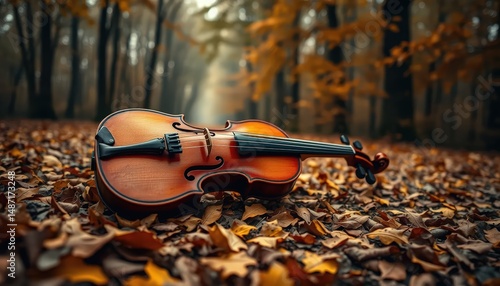 A violin centered on a forest path covered in fallen autumn leaves