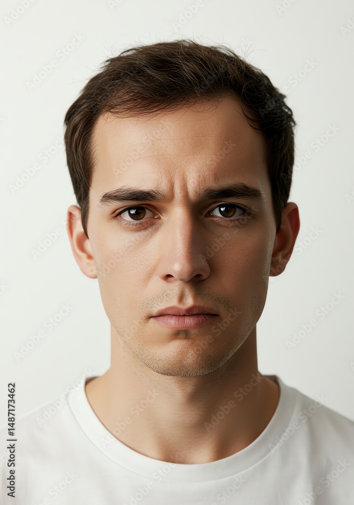 Naklejka premium Serious Young Man Portrait: Pensive Gaze, Neutral Background