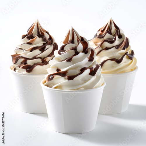 Three soft serve ice creams with syrup on white background