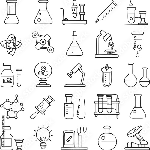 This black vector icon set presents science and chemistry icons as a silhouette design for web or computer use, including medical and book symbols