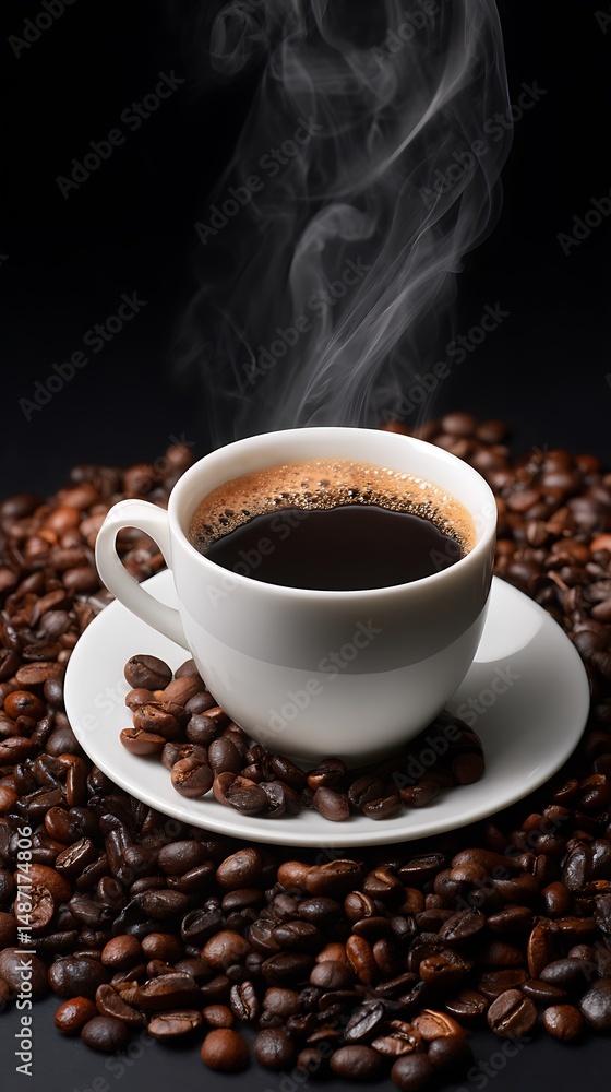 Fototapeta premium Cup of coffee and coffee beans on grey background. Close up