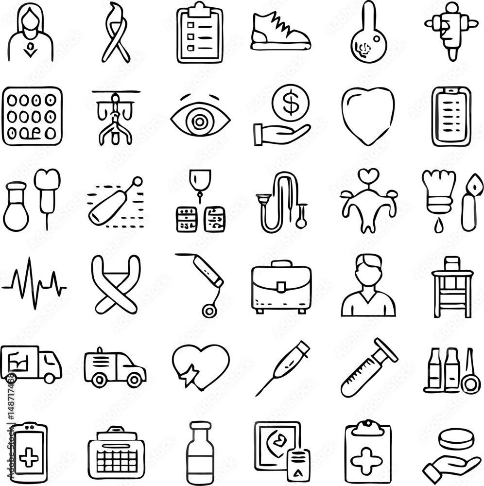 Medical icon set vector design features hand-drawn heart and medicine doodle illustrations for business and internet symbols Medical icon set vector design features hand-drawn heart and medicine doodle illustrations for business and internet symbols