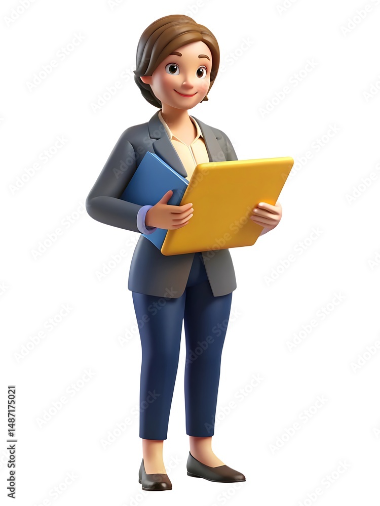 3D Render of Female Employee Evaluating Folder Contents Symbolizing Performance Review and Quality Check in Office Environment 3D Render of Female Employee Evaluating Folder Contents Symbolizing Performance Review and Quality Check in Office Environment
