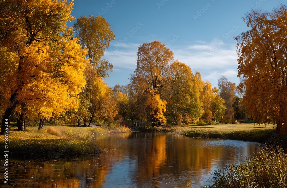 Fototapeta premium Autumn park with trees in yellow and orange colors, a pond in the background of a blue sky, a sunny day landscape