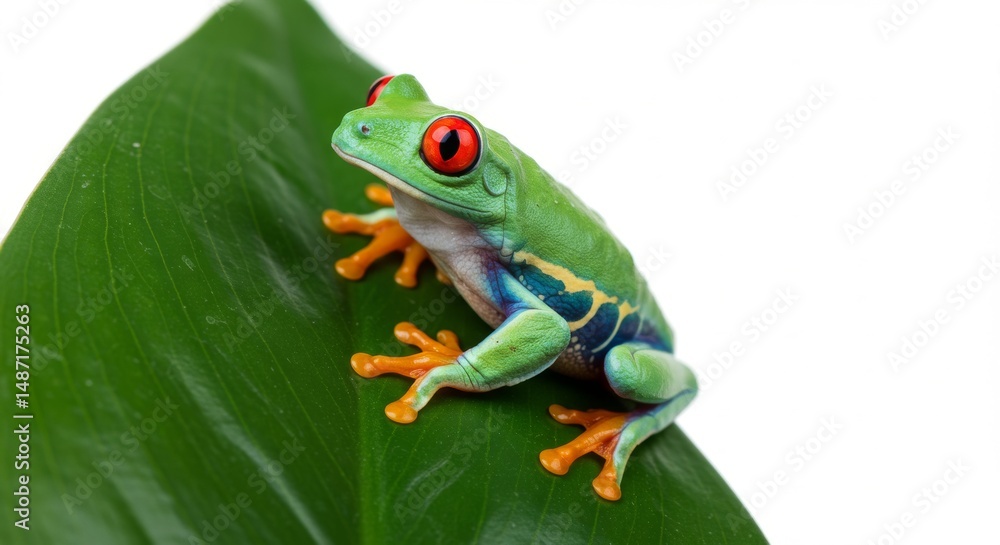 Fototapeta premium Vibrant arboreal frog perched on a large green leaf.