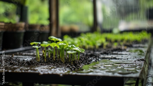 Rainy Day at the Coffee Plantation: Young Coffee Plants Sprouting Under the Gentle Rain