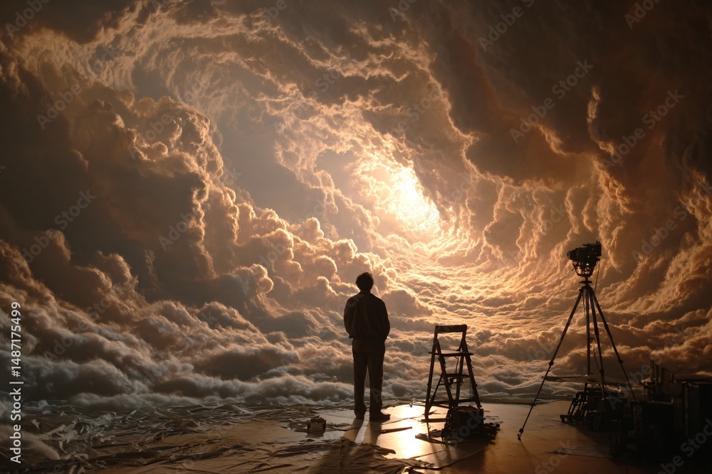Fototapeta premium Dramatic Cloudscape Man Silhouetted Against Golden Sunset Film Set