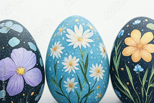 photorealistic close-up of painted Easter eggs with floral patterns