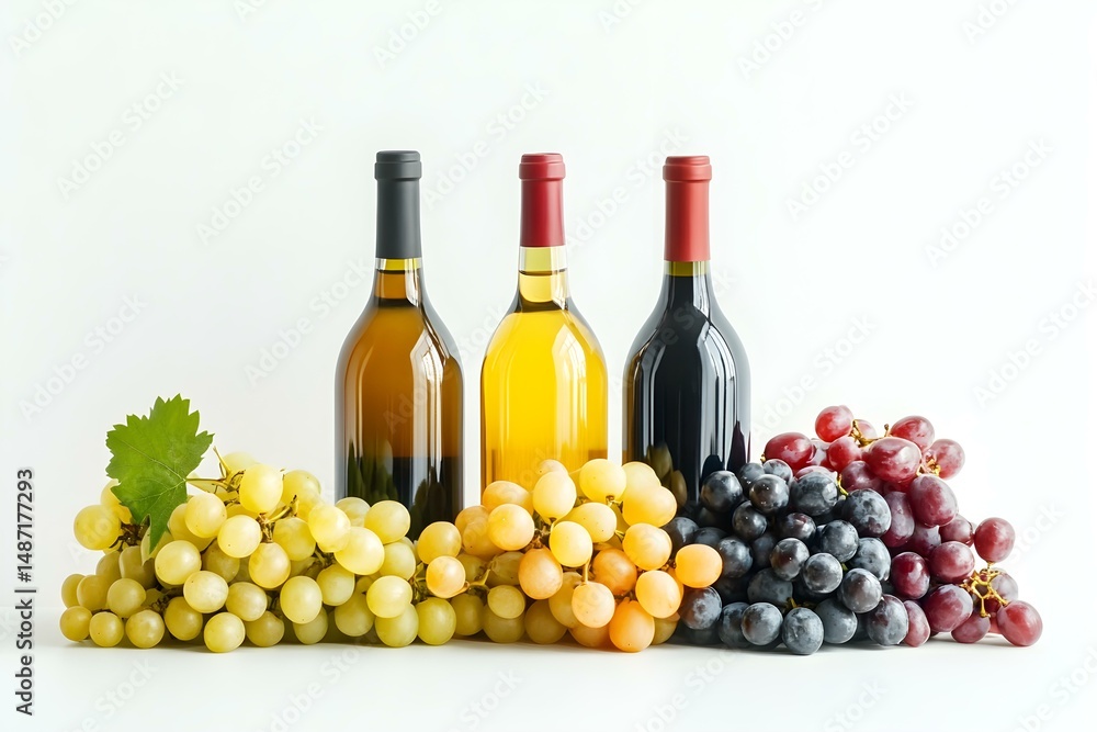 Obraz premium Wine Bottles and Fresh Grapes Variety on a White Background for Elegant Display