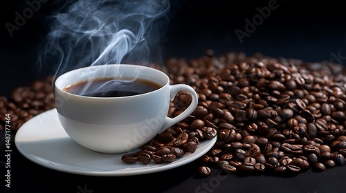 Cup of coffee with roasted beans on dark background, closeup