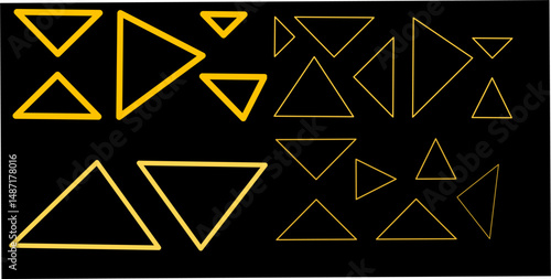 A striking digital illustration featuring a series of outlined yellow triangles of various sizes and orientations on a sleek black background. The geometric design conveys modern minimalism