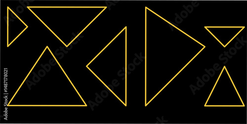 A striking digital illustration featuring a series of outlined yellow triangles of various sizes and orientations on a sleek black background. The geometric design conveys modern minimalism