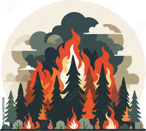 Dramatic Flat Vector Illustration of Wild Forest Fire with Tall Trees and Thick Smoke – Climate Change and Environmental Disaster Concept