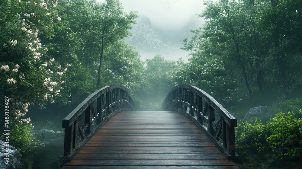Fototapeta premium Enchanted woods with a metal and wooden bridge leading into a magical, tranquil setting.