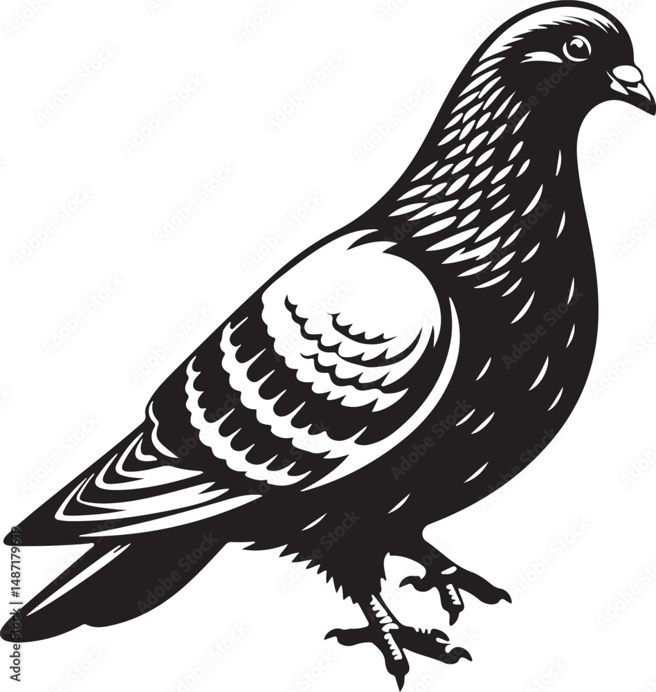 Fototapeta premium Pigeon Bird Black Silhouette Vector, Urban Wildlife Clipart & Flying Bird Design